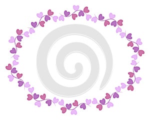 Round frame with pink and lilac hearts isolated on white background, vector illustration of gentle hearts.r text in the center.