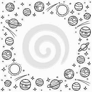 Round frame of planets and stars with empty space for text. Hand drawn doodle cosmos, solar system. Template for social networks.