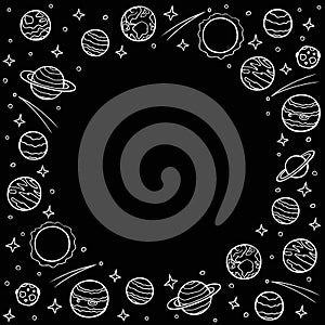Round frame of planets and stars with empty space for text. Hand drawn doodle cosmos, template for social networks. White chalk