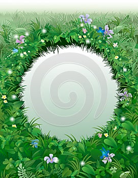 Round frame of a pond on the background of a meadow with plants and flowers covered with dew