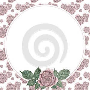 A round frame, a postcard with a pink rosebud and green leaves on the background of a seamless pattern. Watercolor