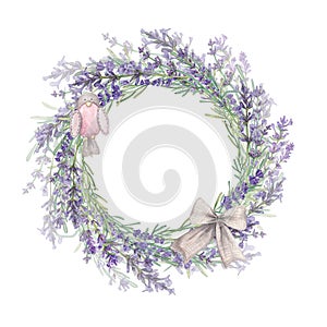 Round frame of Provencal lavender flowers with decorations. Watercolor illustration of purple flowers. Botanical plants. A wreath