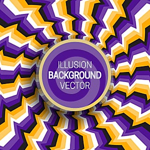 Round frame on purple yellow optical illusion hypnotic background of rotating broken stripes