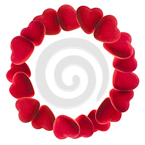 Round frame of red hearts isolated on white