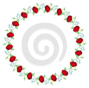 Round frame with red roses. Copy space.