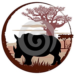 Round frame with rhinoceros silhouette and african savannah landscape.