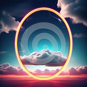 Round frame in the sky with clouds and stars. Illustration.