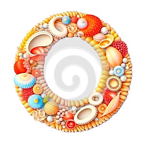 A round frame of tropical shells and flowers on a white background is isolated
