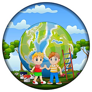 Round frame with two boys clenching their hands