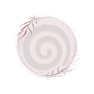 Round frame. Vintage illustration. Hand drawn green and pink branches. Frosted pink glass. White background.