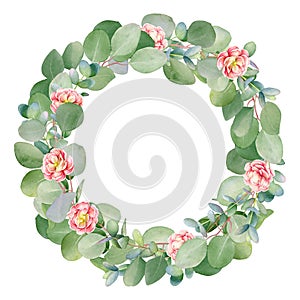 Round frame with watercolor eucalyptus branches and flowers