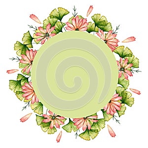 Round frame with watercolor leaves, flowers, petals. Hand drawn illustration isolated on white. Floral wreath