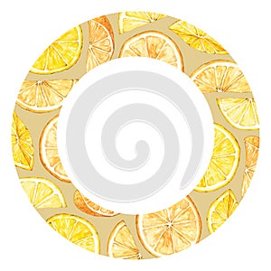 Round frame with watercolor lemon and orange slices. Hand drawn illustration is isolated on white. Fruits border