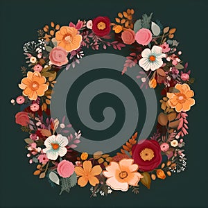 The round frame is a watercolor picture of different species of flowers, leaving space in the middle AI Generated