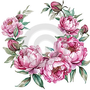 Round frame. Watercolor pink peones wreath