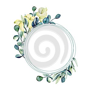 Round frame with watercolor white callas flowers and eucalyptus branches