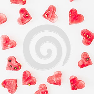 Round frame of watermelon pattern on white background. Valentine`s day pattern concept. Flat lay, top view