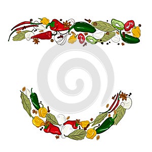 Round frame, wreath,border, card with spices. Colored hot peppers