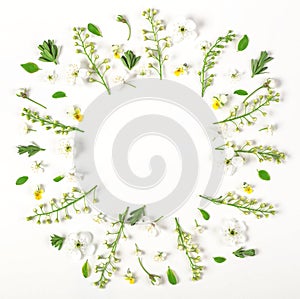 Round frame wreath made of spring flowers and leaves isolated on white background. Flat lay.