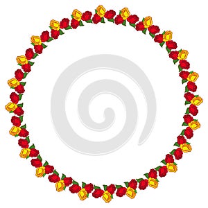 Round frame with yellow & red roses. Copy space.