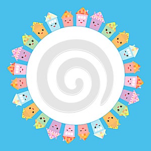 Round frame for your text. Funny happy house set, kawaii face, smile, pink cheeks, big eyes. pastel colors on blue background.