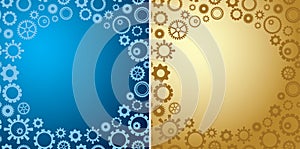 Round frames on blue and yellow backgrounds with gradient - vector with gears