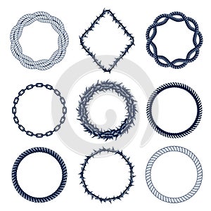 Round frames from chain thorn and rope, vector design elements set.