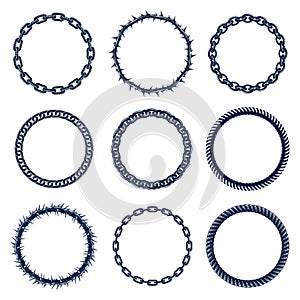 Round frames from chain thorn and rope, vector design elements set.