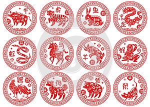 Round frames Chinese zodiac signs. Animals types of astrological calendar, Asian horoscope, traditional decor twelve