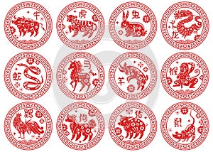 Round frames Chinese zodiac signs. Animals types of astrological calendar, Asian horoscope, traditional decor twelve photo