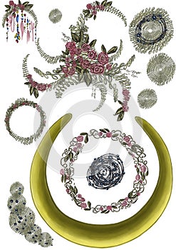 Round frames with flowers, leaves, jewelry details and embroideries