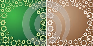 Round frames on green and brown backgrounds with gradient - vector with gears