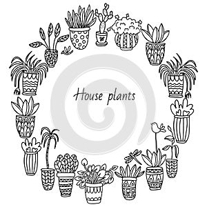 Round frames with houseplants in pots doodle.