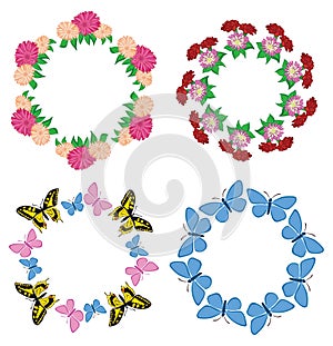Round vector garlands of flowers and butterflies - set
