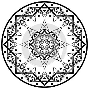 Round geometric mandala ornament. Abstract design element. Hand-drawn symbol isolated on white background. Vector