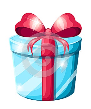 Round gift box with red bow. Blue christmas container. Vector illustration isolated on white background.