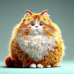 Chubby ginger cat with bright fluffy fur and rounded cheeks, cheerful pose against a fresh mint
