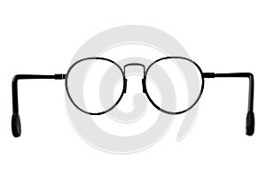 Round Glasses on isolated on white background. Eye glasses seen from back view. see through glasses. Black Fashion glasses style