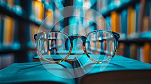 Round glasses on top of open books in a library setting