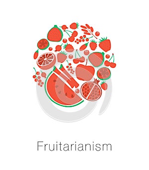 Round globe red fruit and berries. Card I love fruitarianism eco vegetarian healthy food. Vector illustration