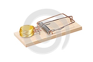 Round glossy gold coins in a mousetrap as bait on a white background. Vector