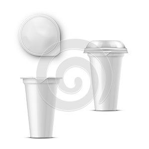 Round glossy white realistic vector pot with a lid of foil for storing yogurt, sour cream and other dairy products and