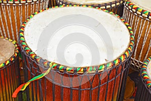 Round goatskin head of an African `Djembe` drum