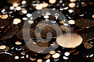 Round gold confetti of various sizes, festive background.
