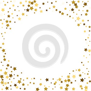 Round gold frame or border of random scatter golden stars on white background. Design element for festive banner, birthday and gr