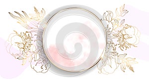 Round gold frame with cotton flowers. Beautiful illustration with watercolor stains. Abstract bright wallpaper. Template