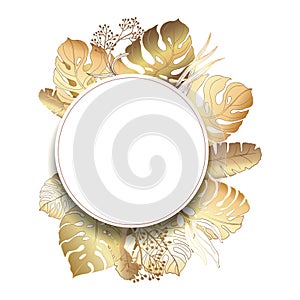 Round gold frame with flowers. Abstract bright golden leaves. Place for your text. Floral vector illustration.
