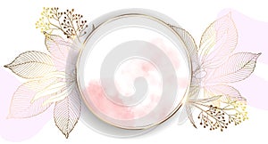 Round gold frame with flowers. Beautiful illustration with watercolor stains. Abstract bright wallpaper. Template design