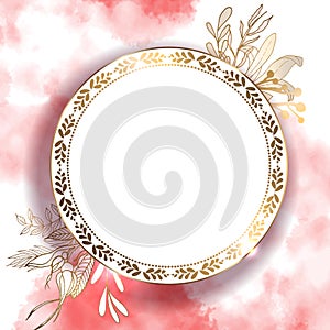 Round gold frame with flowers and pattern. Beautiful illustration with watercolor stains. Abstract bright wallpaper