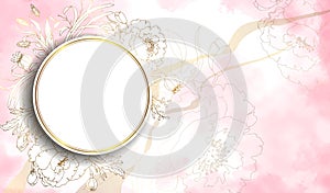 Round gold frame with flowers and place for text. Beautiful illustration with watercolor stains. Abstract bright